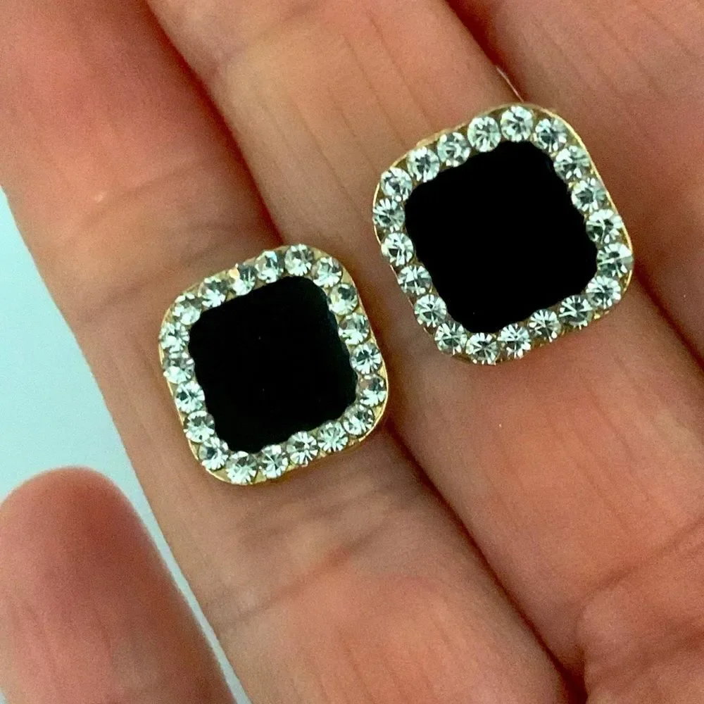 Art Deco 1820s Style Square Studs Faux Black Onyx with Rhinestones